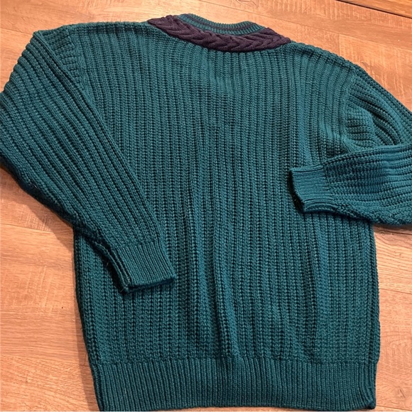 90s preppy blue striped tennis sweater Cable Knit Turquoise VNeck MEN Lg College - Picture 12 of 12